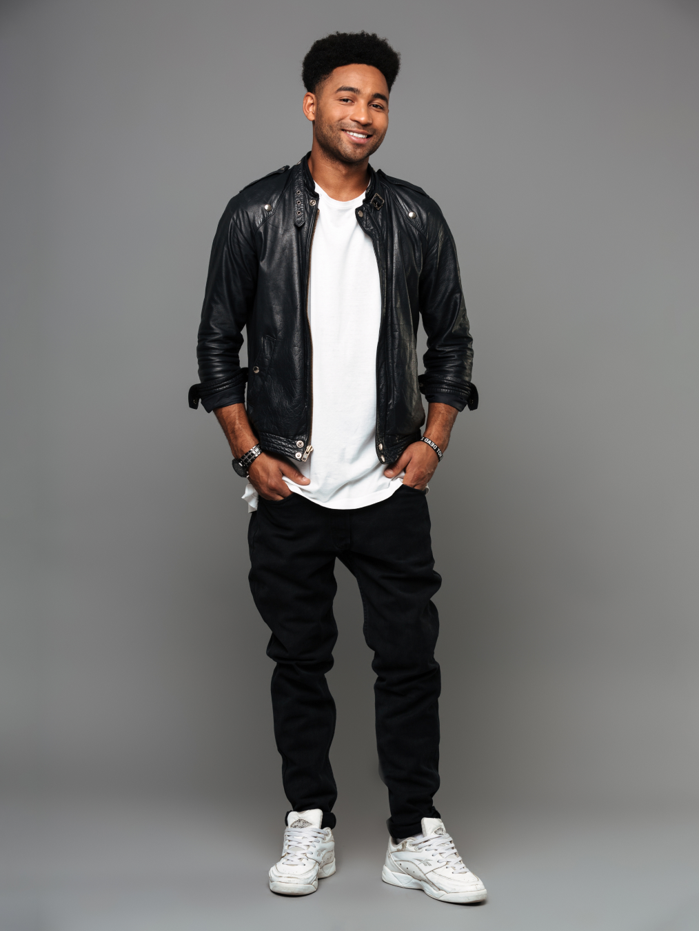 black leather with band neck biker jacket
