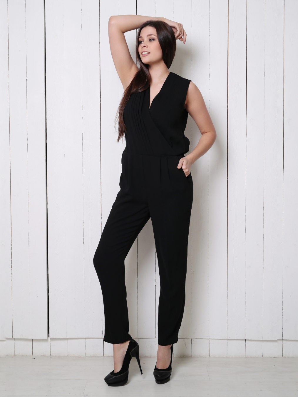 black sleeveless surplice jumpsuit for woman