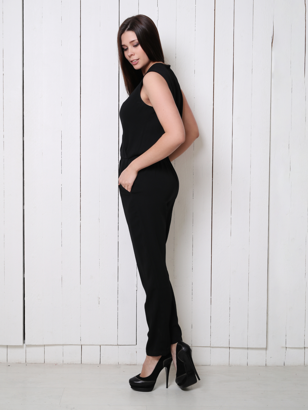 black sleeveless surplice jumpsuit for woman