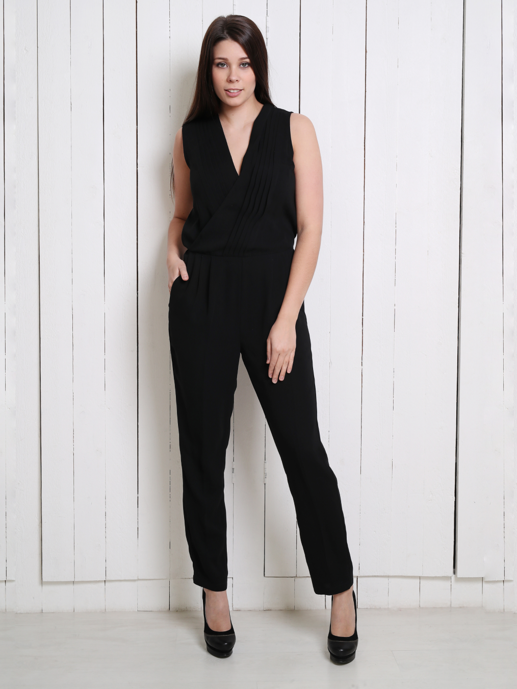 black sleeveless surplice jumpsuit for woman