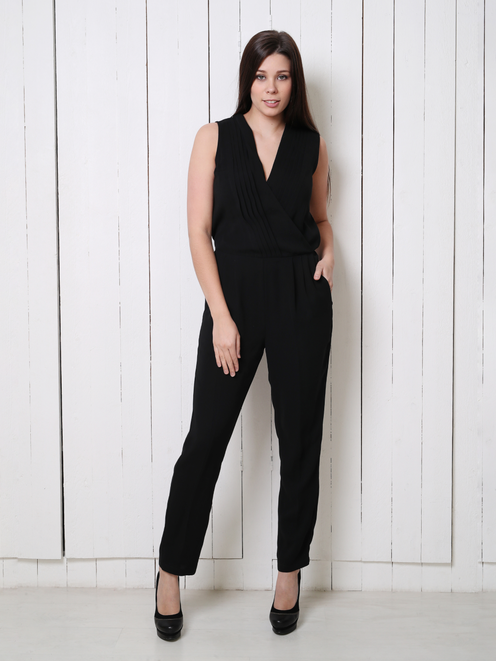 black sleeveless surplice jumpsuit for woman
