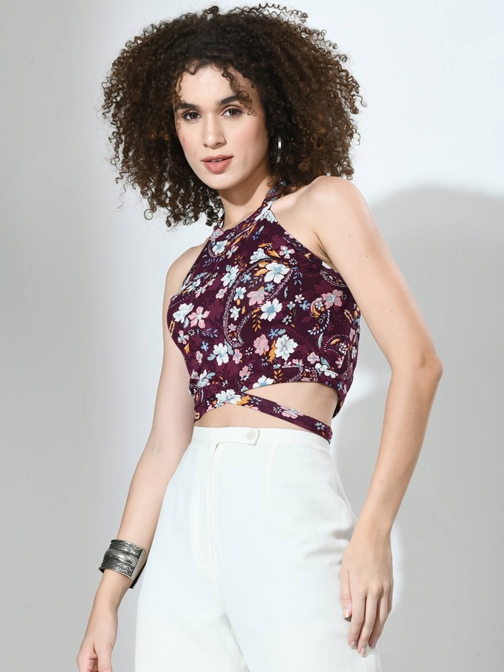floral strappy self-tie crop top
