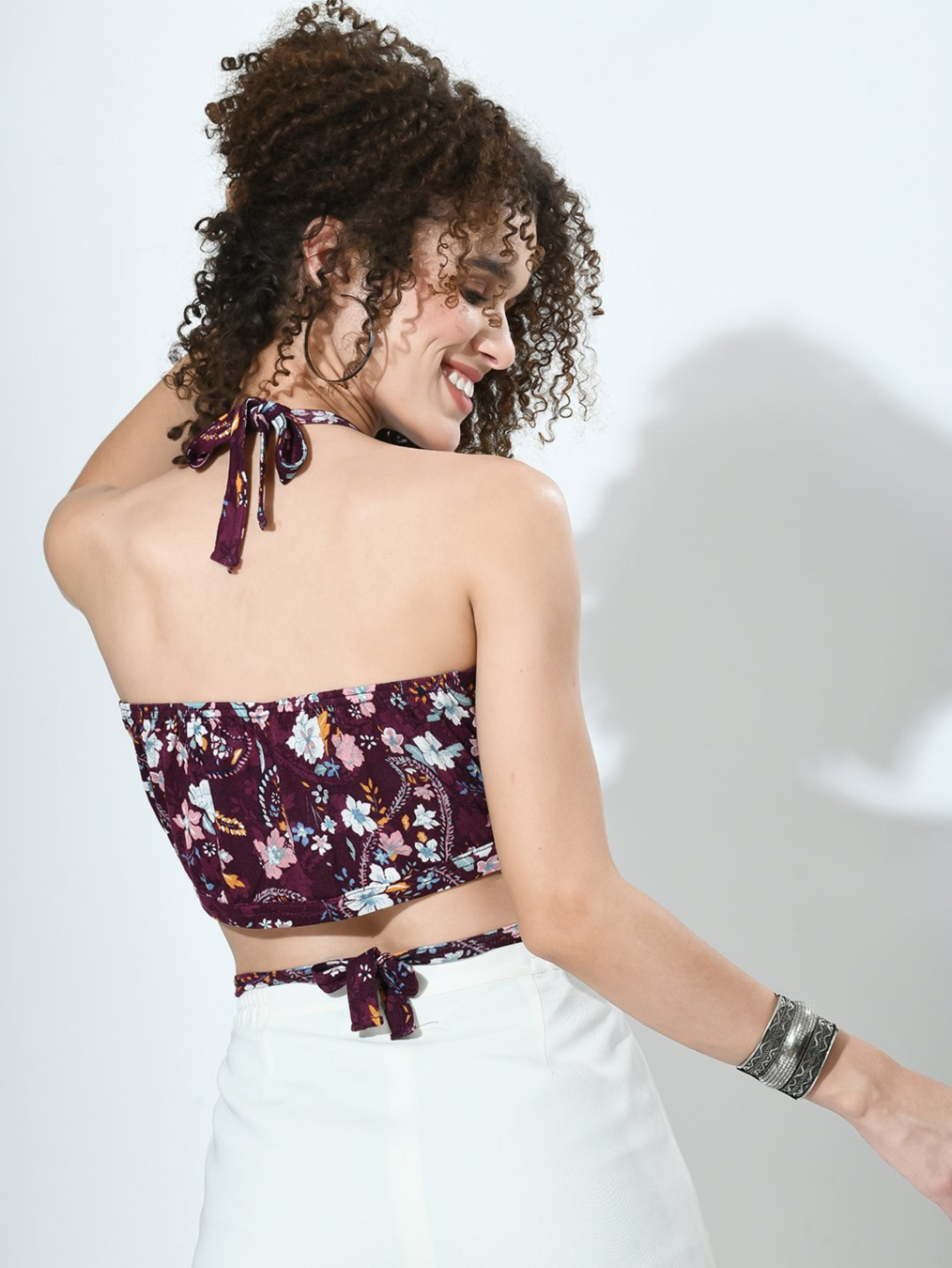 floral strappy self-tie crop top