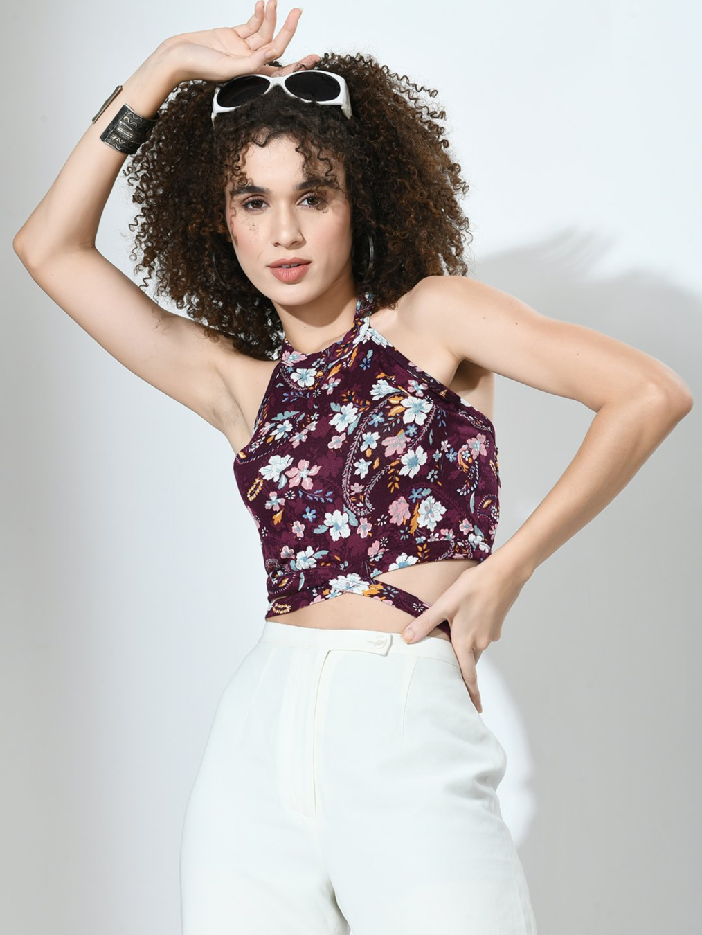 floral strappy self-tie crop top