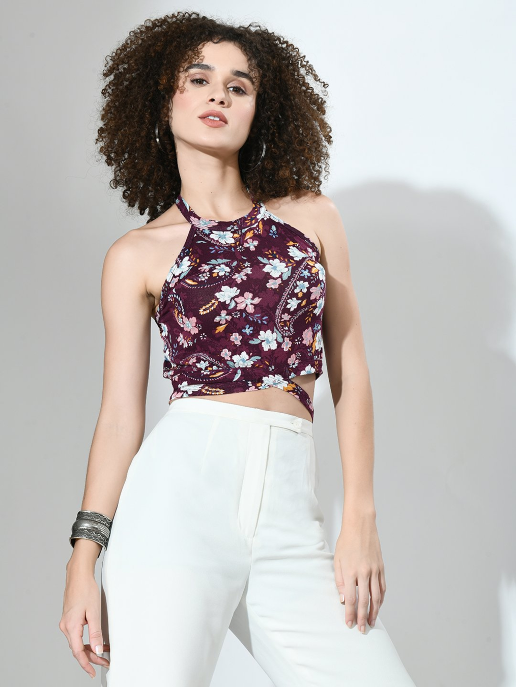 floral strappy self-tie crop top