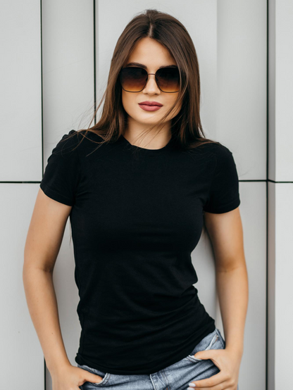 Women's Round Neck Black Half sleeve R&B Solid T-shirt